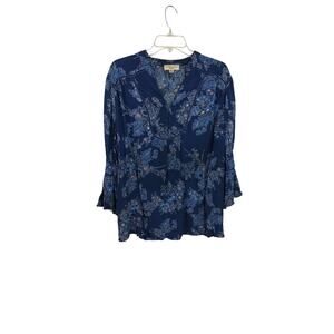 3949) John Paul Richard Blue Floral Split Neck Bell Sleeves Flowy Blouse Plus 1X